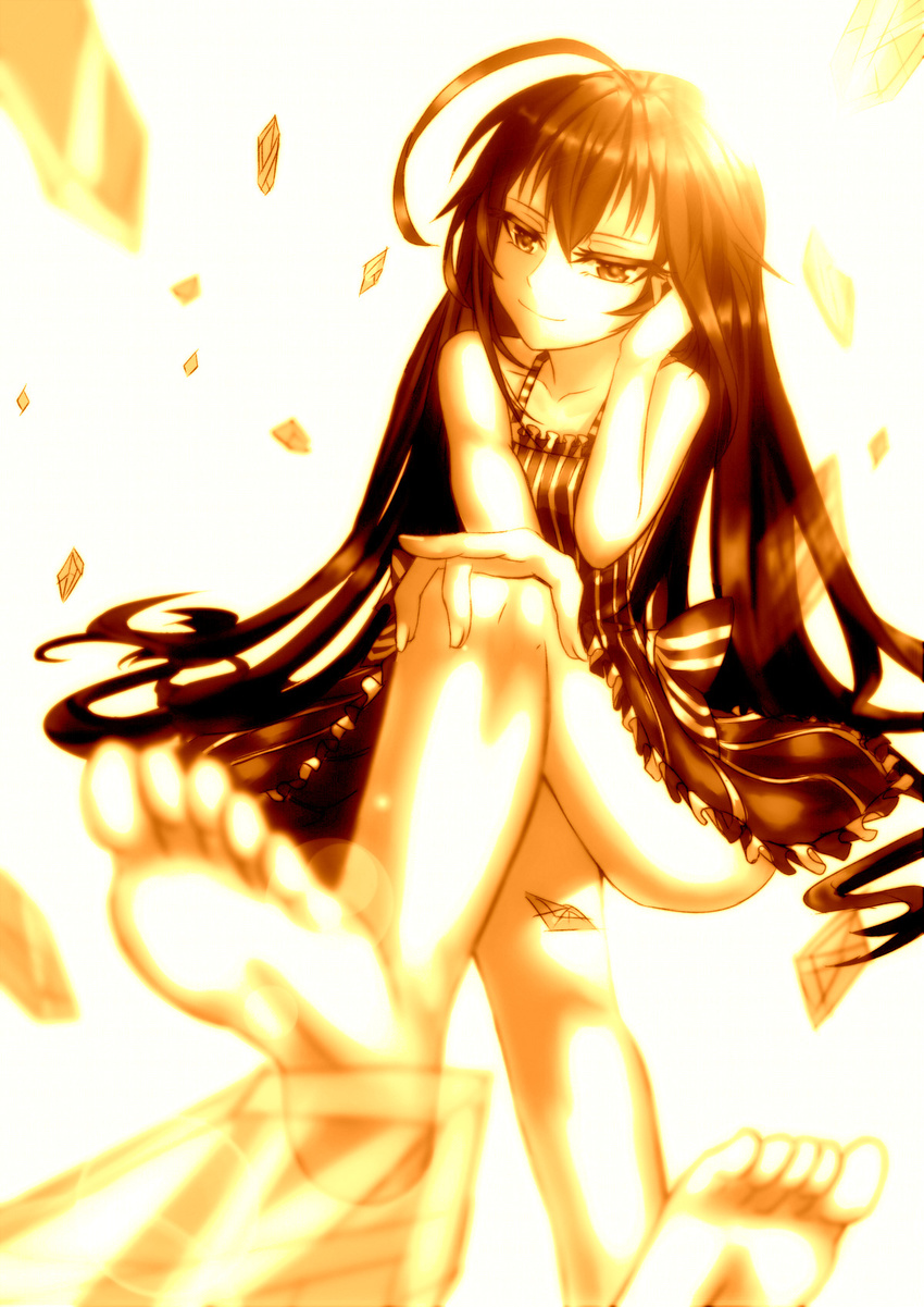 ahoge bad_id bad_pixiv_id barefoot black_eyes black_hair copyright_request crossed_legs dress feet female glass highres legs sitting smile soles solo sw_(2311550438) toes