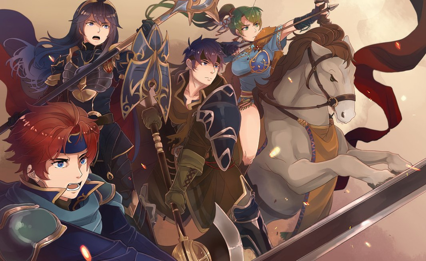 2boys 2girls armor axe blue_eyes blue_hair bow_(weapon) cape commentary_request cosplay dress durandal_(fire_emblem) earrings eliwood_(fire_emblem) eliwood_(fire_emblem)_(cosplay) fingerless_gloves fire_emblem fire_emblem:_path_of_radiance fire_emblem:_the_binding_blade fire_emblem:_the_blazing_blade fire_emblem_awakening fire_emblem_heroes fur_trim gloves green_eyes green_hair greil greil_(cosplay) headband high_ponytail horse ike_(brave_mercenary)_(fire_emblem) ike_(fire_emblem) jewelry long_hair lucina_(brave_princess)_(fire_emblem) lucina_(fire_emblem) lyn_(brave_lady)_(fire_emblem) lyn_(fire_emblem) multiple_boys multiple_girls ponytail red_hair roy_(brave_lion)_(fire_emblem) roy_(fire_emblem) short_hair shy_(ribboneels) sword tiara very_long_hair weapon