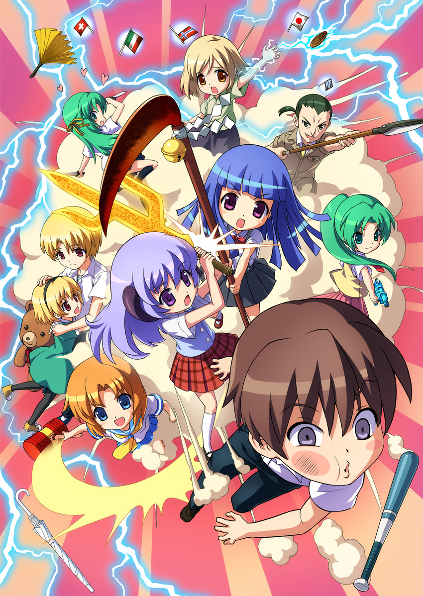 3boys 6+girls artist_request baseball_bat blonde_hair blush_stickers brother_and_sister dress everyone fighting flag furude_rika green_dress green_hair hammer hanyuu heart highres higurashi_no_naku_koro_ni horns houjou_satoko houjou_satoshi hug knife lolicon long_hair maebara_keiichi multiple_boys multiple_girls oerba_yun_fang official_art okonogi_tetsurou onigari-no-ryuuou pantyhose ponytail ryuuguu_rena sailor_dress school_uniform scythe serafuku short_hair siblings sisters sonozaki_mion sonozaki_shion stuffed_animal stuffed_toy sword tanashi_miyoko teddy_bear twins umbrella water_gun weapon