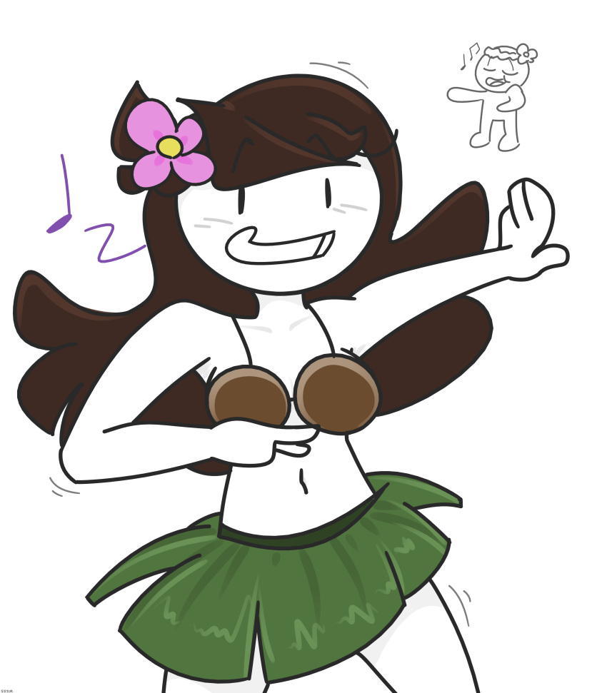 1boy 1girls 2019 almost_naked belly belly_button blush coconut_bra dancing dress female_focus flower_in_hair happy hula_hoop jaiden jaiden_animations james_(theodd1sout) looking_at_another mob_face portrait shaking smiling sssir8 theodd1sout thighs white_background youtube