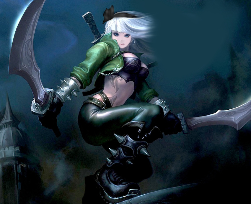 adapted_costume alternate_weapon bad_id bad_pixiv_id black_bra black_gloves blue_eyes boots bra bracelet breasts cosplay dual_wielding female gloves hair_ribbon holding jacket jewelry katarina_(league_of_legends) katarina_(league_of_legends)_(cosplay) konpaku_youmu large_breasts league_of_legends looking_at_viewer midriff open_clothes open_jacket pants ribbon solo spiked_anklet spiked_bracelet spikes sword tattoo third-party_edit touhou underwear weapon white_hair yuudai_(oromizu)