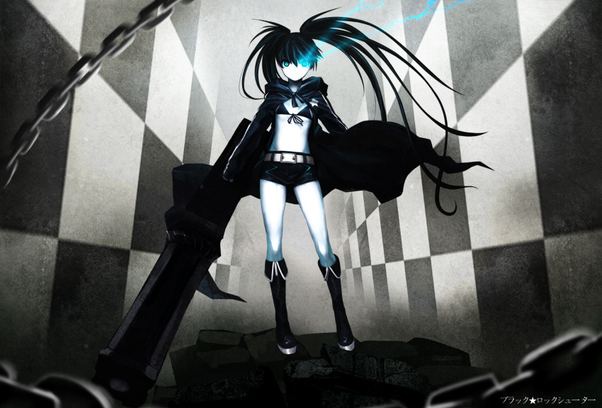 arm_cannon bad_id bad_pixiv_id belt bikini bikini_top_only black_hair black_rock_shooter black_rock_shooter_(character) black_shorts blight_essence blue_eyes boots chains checkered_wall coat female flaming_eye flat_chest front-tie_top knee_boots long_hair midriff no_shirt pale_skin short_shorts shorts solo star_(symbol) straight-on swimsuit twintails uneven_twintails weapon