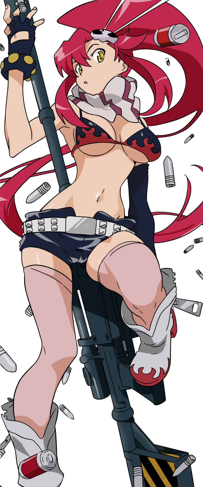 absurdres amber_eyes armor belt bikini bikini_armor boots breasts gainax gloves gun highres long_hair midriff pony_tail red_hair red_hair scarf shorts tengen_toppa_gurren-lagann tengen_toppa_gurren_lagann thigh_high thighhighs under_boob underboob vector vector_trace weapon yellow_eyes yoko yoko_littner yoko_littner zip zipper