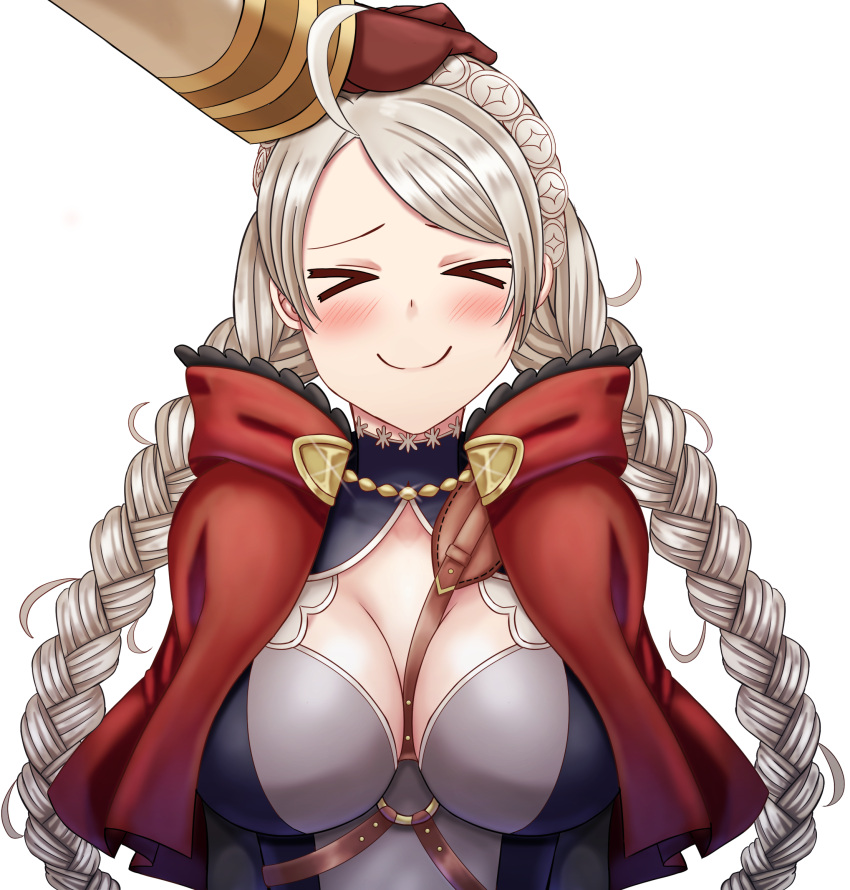 >_< 1boy 1girls ahoge bangs braid breasts capelet chest_harness cleavage closed_eyes closed_mouth commission female female_focus fire_emblem fire_emblem_fates fire_emblem_heroes gloves hairband harness headpat highres hood hooded_capelet kiran_(fire_emblem) kiran_(fire_emblem)_(male) leather leather_gloves leather_strap long_hair male nina_(fire_emblem) nintendo non-web_source saikunartworks smile transparent_background twin_braids upper_body wholesome