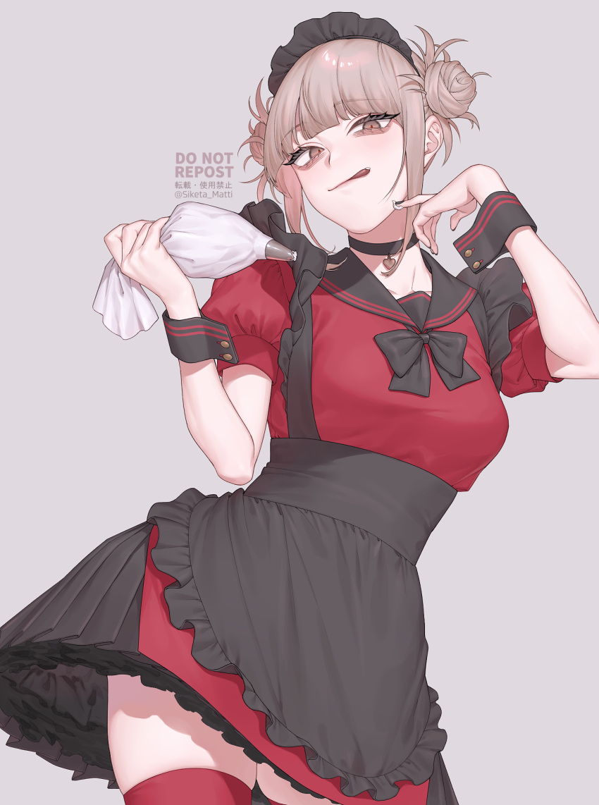 alternate_costume apron bags_under_eyes black_apron black_bow black_neckwear blonde_hair boku_no_hero_academia bow choker commentary cowboy_shot cream double_bun enmaided female grey_background grey_hair hair_bun highres licking_lips looking_at_viewer looking_down maid maid_headdress mizuki_mau red_shirt red_skirt red_thighhighs sailor_collar shirt short_sleeves simple_background skirt solo thighhighs toga_himiko tongue tongue_out zettai_ryouiki