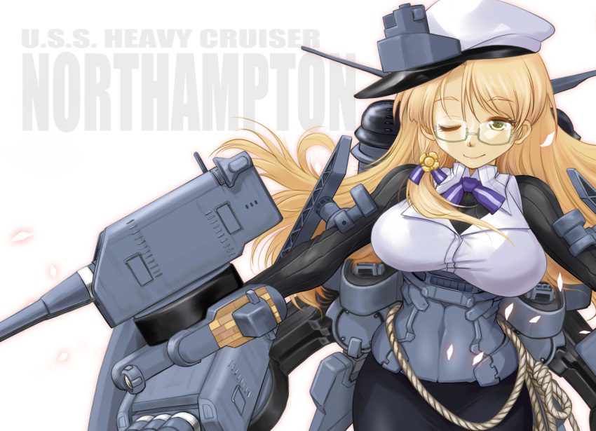 black_skirt blonde_hair blunt_bangs breasts cannon character_name corset female glasses green-framed_eyewear green_eyes highres kantai_collection large_breasts long_hair medal military military_uniform naval_uniform northampton_(kancolle) northampton_kai_(kancolle) one_eye_closed ranbu_hararin rigging rope_around_waist semi-rimless_eyewear skirt solo turret under-rim_eyewear uniform upper_body