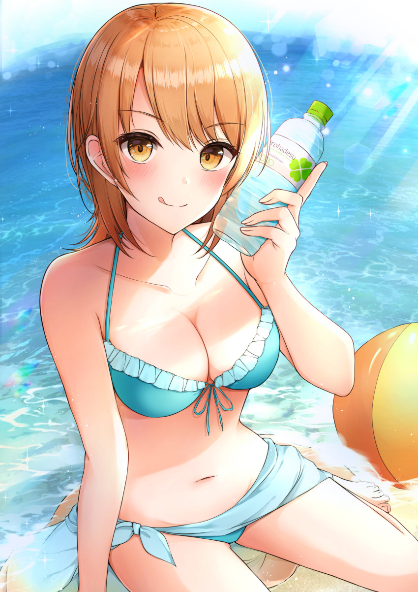 absurdres ball bare_legs barefoot beachball bikini blue_bikini blue_ribbon blush bottle bottle_to_cheek brand_name_imitation breasts cleavage closed_mouth collarbone commentary_request day female frilled_bikini frills front-tie_bikini_top front-tie_top halterneck highres holding holding_bottle i_lohas isshiki_iroha light_rays looking_at_viewer medium_breasts navel ocean orange_eyes orange_hair outdoors ribbon sarong sitting smile solo stomach sunbeam sunlight swimsuit water water_bottle yahari_ore_no_seishun_lovecome_wa_machigatteiru. yukiunag1