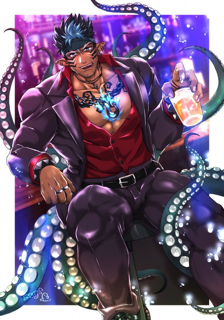 1boy alcohol bar_(place) bara beard belt black_hair blue_eyes blue_fire blue_hair border bracelet chest_tattoo commentary cup dark-skinned_male dark_skin ear_piercing facial_hair facial_tattoo fangs fangs_out feet_out_of_frame fire goatee headband highres holding holding_cup impossible_pants jewelry large_pectorals licking_lips male_focus multicolored_hair multiple_rings muscular muscular_male official_alternate_costume open_clothes open_mouth open_shirt outside_border pants pectorals piercing pointy_ears purple_pants purple_vest red_shirt ring shirt short_hair smile solo symbol-only_commentary tangaroa_(housamo) tangaroa_mugen_(housamo) tattoo tentacle thighs tokyo_afterschool_summoners tongue tongue_out two-tone_hair vest white_border yanai_inaya