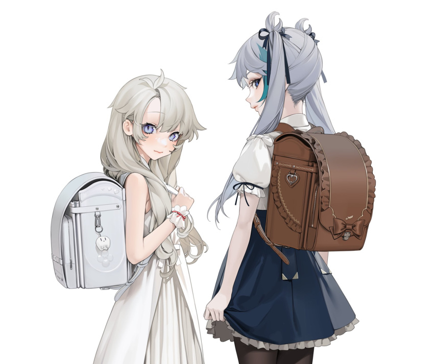 1boy backpack bag bare_shoulders black_legwear black_ribbon blonde_hair blue_eyes blue_skirt blush brown_bag closed_mouth commentary_request cowboy_shot die_(ohisashiburi) dress female frilled_skirt frills from_behind hair_ornament hair_ribbon herme_(ohisashiburi) highres holding_strap long_hair looking_at_viewer looking_back ohisashiburi original otoko_no_ko pantyhose profile puffy_short_sleeves puffy_sleeves randoseru ribbon shirt short_sleeves simple_background skirt sleeveless sleeveless_dress standing twintails white_background white_dress white_shirt wrist_cuffs