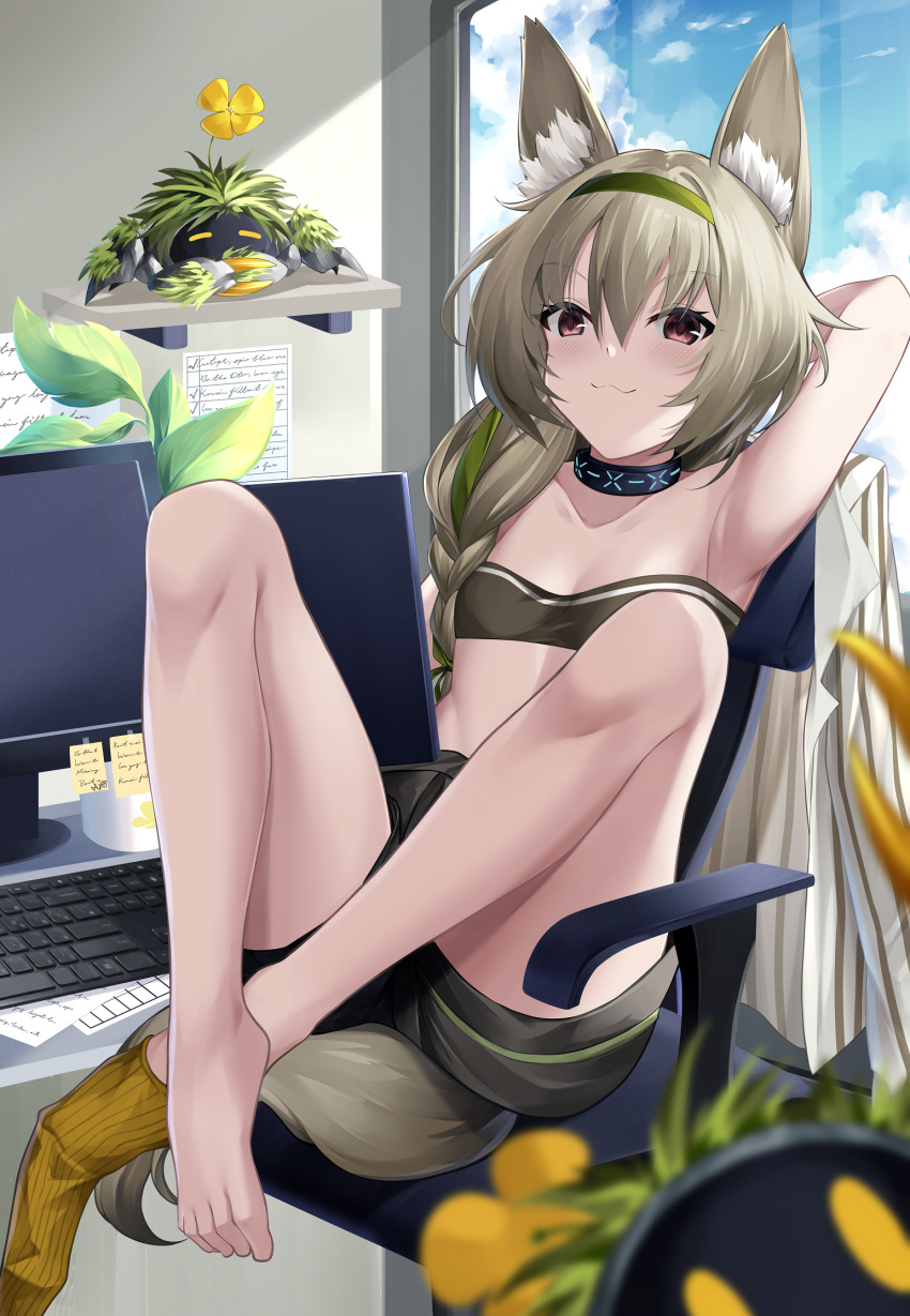 :3 arknights armpits arms_up bandeau bare_legs barefoot beanstalk_(arknights) black_choker black_shorts blue_sky braid brown_eyes choker cloud commentary computer computer_keyboard day feet female green_hairband grey_hair hair_between_eyes hairband highres indoors infection_monitor_(arknights) knees_up long_hair looking_at_viewer metal_crab_(arknights) midriff no_headwear short_shorts shorts sky smile solo strapless swivel_chair thighs tube_top yan_lie