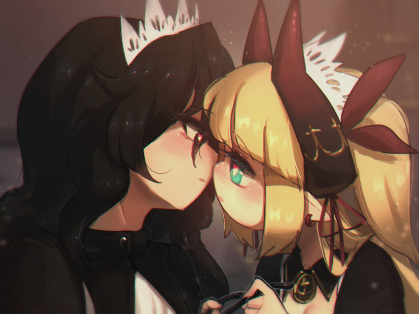 2girls black_eyes black_hair blonde_hair blunt_bangs blurry blurry_background blush borrowed_character commentary earrings english_commentary executioner_maid_(centuriic) eyes_visible_through_hair face-to-face flareze_(porforever) freckles from_side green_eyes heart heart-shaped_pupils highres horns imminent_kiss jewelry maid_headdress multiple_girls original parted_bangs pointy_ears porforever profile symbol-shaped_pupils two_side_up yuri