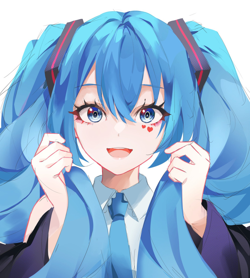 :d bad_id bad_pixiv_id blue_eyes blue_hair blue_necktie collared_shirt commentary facial_tattoo female hair_between_eyes hatsune_miku heart highres long_hair looking_at_viewer mikaduki_3636 necktie shirt smile solo tattoo twintails upper_body very_long_hair vocaloid white_shirt wing_collar