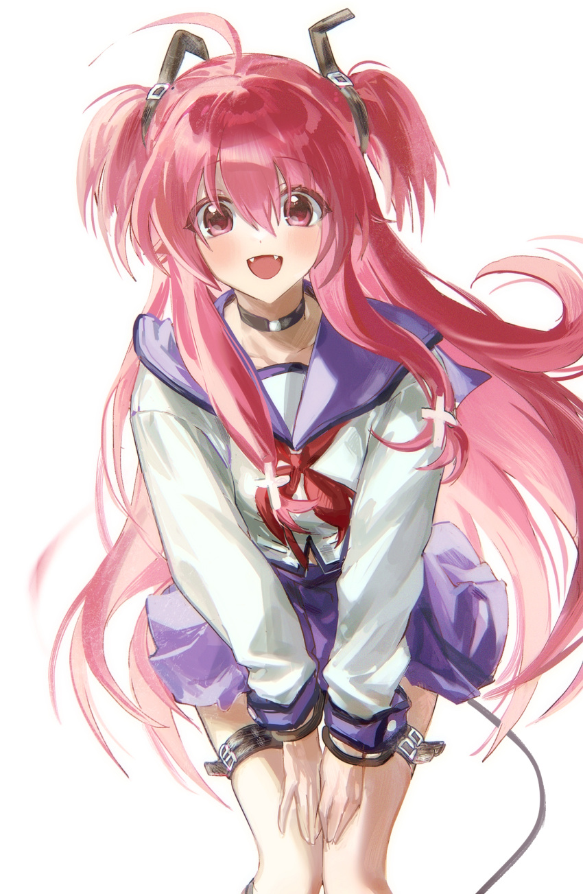 ahoge angel_beats! black_choker blush choker collarbone commentary fangs feet_out_of_frame female hands_on_own_thighs highres looking_at_viewer neckerchief pink_eyes pink_hair red_neckerchief school_uniform serafuku simple_background smile solo thigh_strap two_side_up white_background yui_(angel_beats!) zuzu_(wckd7545)