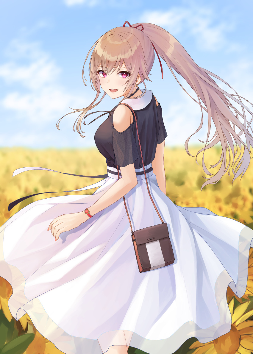 :d absurdres bad_id bad_pixiv_id bag bare_shoulders black_shirt blue_sky blurry blurry_background blush breasts brown_hair commentary_request day depth_of_field detached_sleeves earrings feet_out_of_frame female field flower flower_field furen_e_lustario furen_e_lustario_(2nd_costume) hair_ribbon handbag highres irise jewelry long_hair long_skirt looking_at_viewer looking_back medium_breasts nail_polish nijisanji open_mouth outdoors pink_nails ponytail purple_eyes red_ribbon ribbon see-through shirt short_sleeves shoulder_bag sidelocks skirt sky smile solo standing sunflower sunflower_field very_long_hair virtual_youtuber watch white_skirt wristwatch yellow_flower