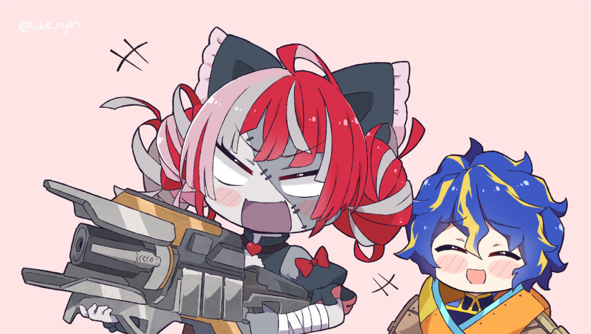 +++ 1boy apex_legends astel_leda bandaged_arm bandages blue_hair blush_stickers bow charge_rifle chibi closed_eyes double_bun empty_eyes female gun hair_bun hairbow highres holding holding_gun holding_weapon hololive hololive_indonesia holostars kukie-nyan kureiji_ollie kureiji_ollie_(1st_costume) multicolored_hair patchwork_skin pink_background pink_hair puffy_short_sleeves puffy_sleeves red_hair short_hair short_sleeves simple_background streaked_hair twitter_username virtual_youtuber weapon zombie