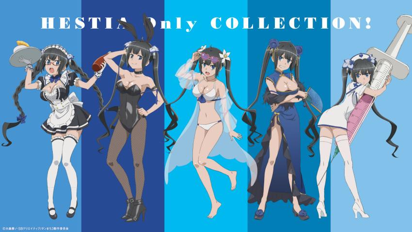 animal_ears bikini bunny_ears bunny_girl cleavage dress dungeon_ni_deai_wo_motomeru_no_wa_machigatteiru_darou_ka fishnets heels hestia_(dungeon) maid megane no_bra nurse see_through swimsuits tagme thighhighs waitress