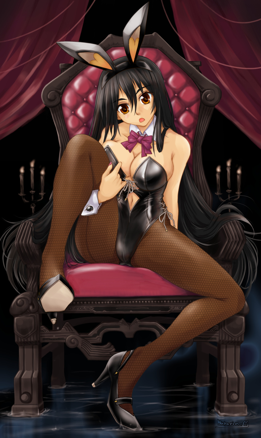 animal_ears black_footwear black_hair black_leotard bow bowtie breasts brown_eyes brown_pantyhose chair clothing_cutout detached_collar fake_animal_ears female fishnet_pantyhose fishnets high_heels highleg highleg_leotard highres large_breasts leotard long_hair navel navel_cutout original pantyhose playboy_bunny purple_bow purple_bowtie rabbit_ears ranbu_hararin side-tie_leotard sitting solo strapless strapless_leotard wrist_cuffs