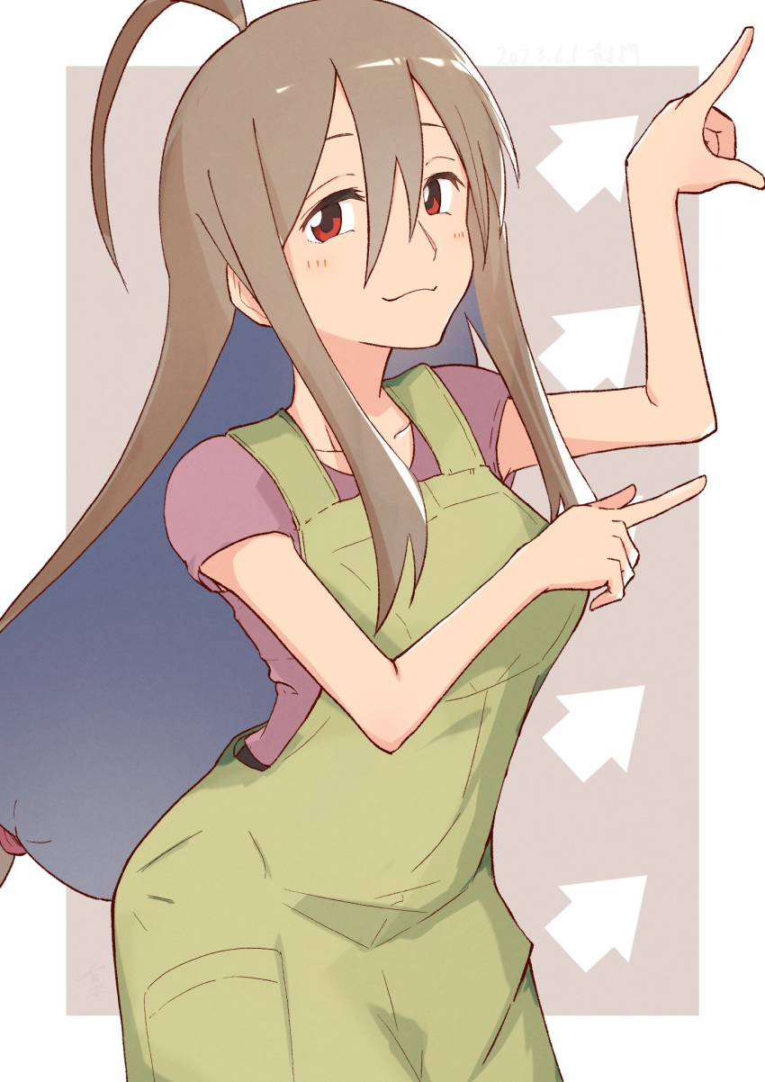 ahoge apron bluearcadegames breasts brown_hair commentary do_it_yourself!! female green_apron hair_between_eyes highres huge_ahoge long_hair looking_at_viewer mature_female red_eyes simple_background smile solo very_long_hair white_background yua_serufu's_mother