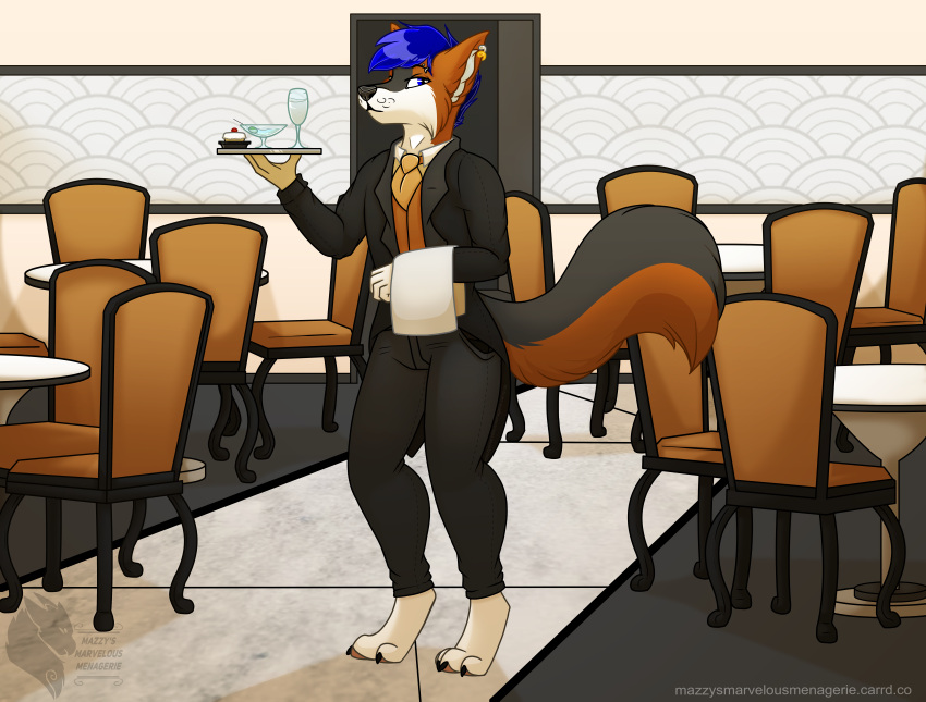 absurd_res anthro canid canine clothed clothing cross cross_(krissc) digital_media_(artwork) hi_res looking_at_viewer male mammal marvelous_managerie restaurant solo tagme waiter_tray