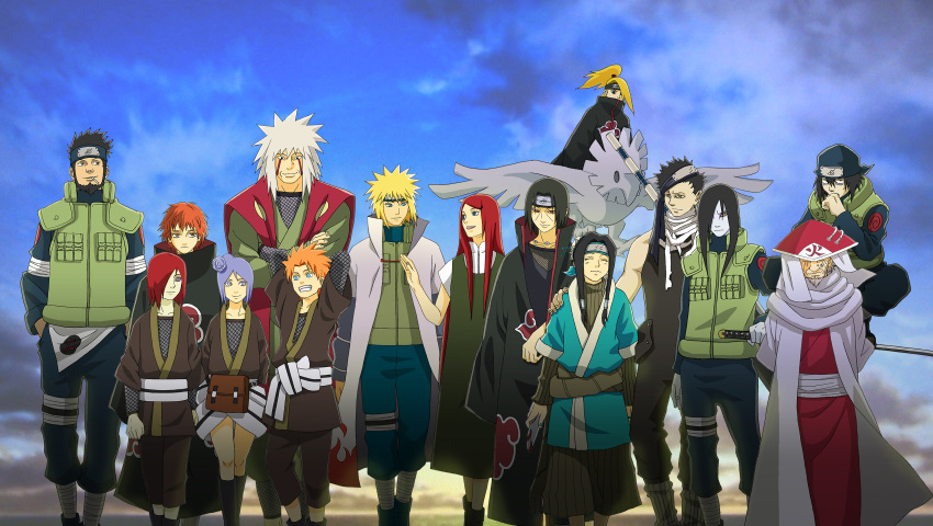 absurdres akatsuki_(naruto) artist_request bandage bandages black_hair blonde_hair blue_eyes blue_hair cigarette closed_eyes deidara flak_jacket flower forehead_protector gekkou_hayate grey_hair grin hair_flower hair_ornament hair_over_one_eye hairclip haku_(naruto) highres jewelry jiraiya konan long_hair momochi_zabuza nagato nagato_(naruto) namikaze_minato naruto naruto_shippuuden necklace orange_hair orochimaru red_eyes red_hair sarutobi_asuma sarutobi_hiruzen sasori short_hair smile sword takapii uchiha_itachi uzumaki_kushina vest weapon white_hair yahiko yahiko_(naruto)