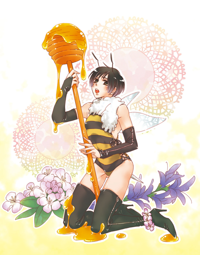 1boy alternate_costume antennae axis_powers_hetalia bad_id bad_pixiv_id bee bee_costume black_hair blush boots bridal_gauntlets brown_eyes bug bulge cocoa_mass fingerless_gloves flower full_body gloves highres honey honey_dipper japan_(hetalia) kneeling male_focus open_mouth otoko_no_ko scarf solo teeth thighhighs thighs tongue wings