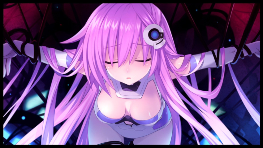 bent_over blush bondage bondage border bound bound_arms bound_legs breasts breasts_apart cable choujigen_game_neptune_mk2 cleavage_cutout closed_eyes clothing_cutout cowboy_shot elbow_gloves female game_cg gloves hair_between_eyes hair_ornament highres leotard light_purple_hair long_hair magical_girl medium_breasts nepgear neptune_(series) official_art official_wallpaper outstretched_arms parted_lips purple_sister raised_eyebrows solo spread_arms tsunako very_long_hair white_gloves