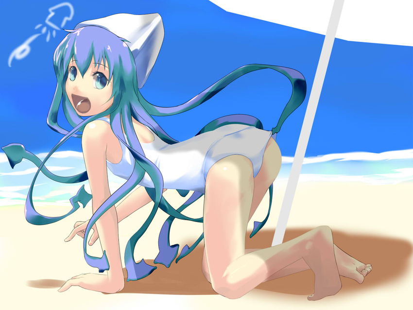 all_fours ass barefoot beach blue_eyes blue_hair enokoro_kusa feet ikamusume long_hair on_all_fours one-piece_swimsuit one_piece_swimsuit open_mouth prehensile_hair shinryaku!_ikamusume shinryaku_ikamusume smile solo swimsuit swimsuit_pull tentacle toes umbrella