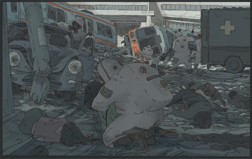 2011_sendai_earthquake_and_tsunami 3girls 6+boys ambulance arai_youjirou bad_end border building car commentary corpse damaged death destruction gas_mask hazmat_suit hug mask motor_vehicle multiple_boys multiple_girls original photoshop_(medium) ruins train van