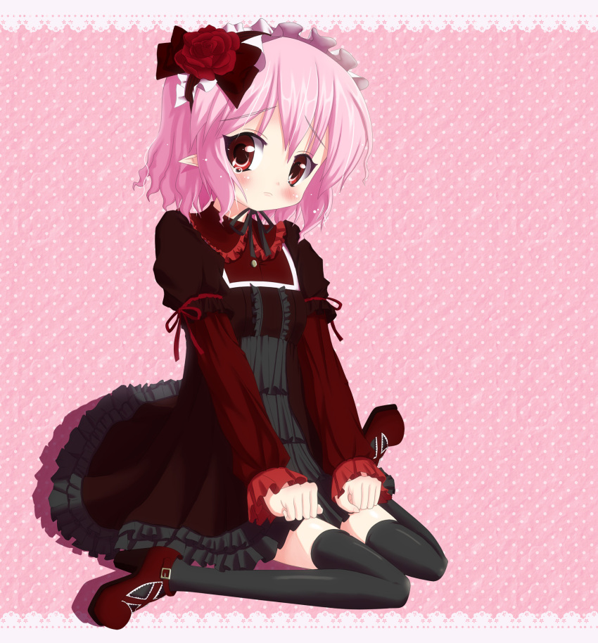 :( blush bow flower frown gothic_lolita hairbow highres lolita_fashion original pink_hair pointy_ears red_eyes rose short_hair tears thighhighs