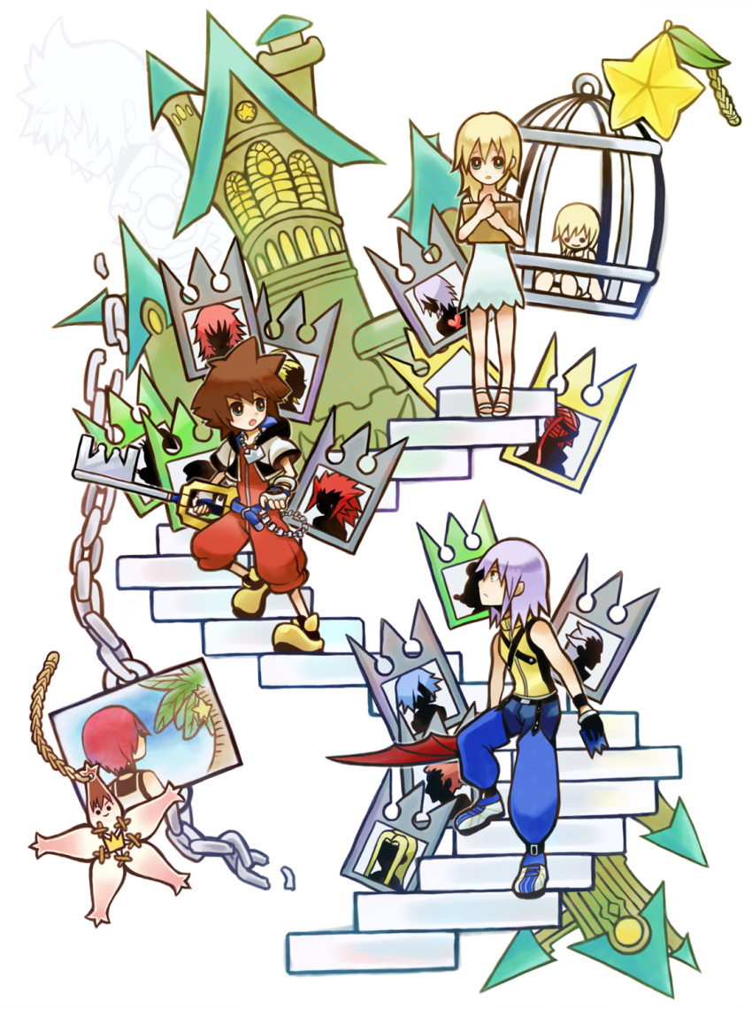 2boys akizuno ansem_seeker_of_darkness axel_(kingdom_hearts) bad_id bad_pixiv_id birdcage blonde_hair blue_eyes blue_hair brown_hair cage castle disney diz doll donald_duck dress facial_mark female fingerless_gloves gloves goofy grey_hair highres jewelry kairi_(kingdom_hearts) keyblade kingdom_hearts kingdom_hearts_chain_of_memories kingdom_key larxene lexaeus marluxia mickey_mouse multiple_boys namine necklace pink_hair red_hair riku_(kingdom_hearts) riku_replica roxas sandals short_hair sketchbook sora_(kingdom_hearts) soul_eater_(kingdom_hearts) sundress tree vexen zexion