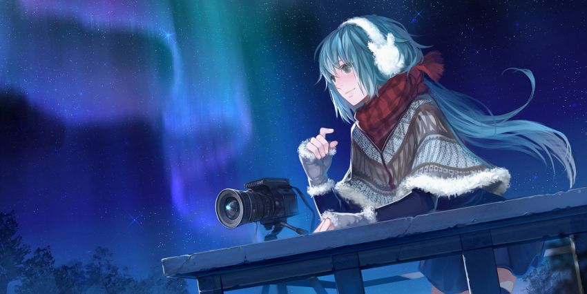 aqua_hair aurora black_skirt black_thighhighs blush camera commentary_request earmuffs female fingerless_gloves gloves grey_eyes hatsune_miku long_hair miniskirt night night_sky photoshop_(medium) poncho red_scarf scarf silverwing skirt sky solo star_(sky) striped_clothes striped_scarf thighhighs vocaloid