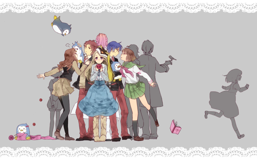 5boys 5girls animal_hat apple bad_id bad_pixiv_id bird black_hair blazer blue_hair blue_skirt bob_cut boots bow brown_eyes brown_hair brown_skirt curly_hair diary dress esmeralda_(mawaru_penguindrum) food fruit green_eyes green_skirt hat jacket long_hair mawaru_penguindrum medium_skirt miniskirt multiple_boys multiple_girls natsume_mario natsume_masako necktie oginome_momoka oginome_ringo pantyhose penguin penguin_1-gou penguin_2-gou penguin_3-gou pink_hair pleated_skirt purple_eyes red_hair school_uniform serafuku short_hair skirt tabuki_keiju takakura_himari takakura_kanba takakura_shouma tokikago_yuri uri_253 watase_sanetoshi