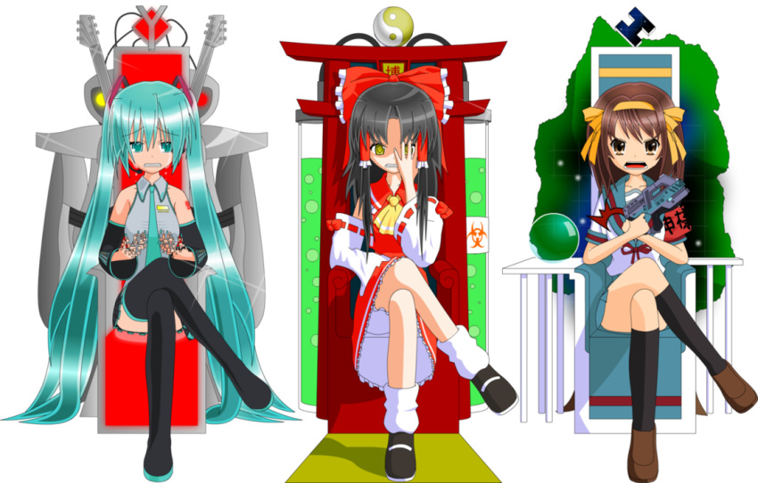 3girls black_hair blue_eyes blue_hair bow brown_eyes brown_hair commentary crossover dra2k4 english_commentary gun hair_ribbon hair_tubes hairband hairbow hakurei_reimu handgun hatsune_miku long_hair m-6_carnifex mass_effect_(series) mass_effect_2 multiple_girls ribbon school_uniform suzumiya_haruhi suzumiya_haruhi_no_yuuutsu tears thighhighs touhou very_long_hair vocaloid weapon yellow_eyes