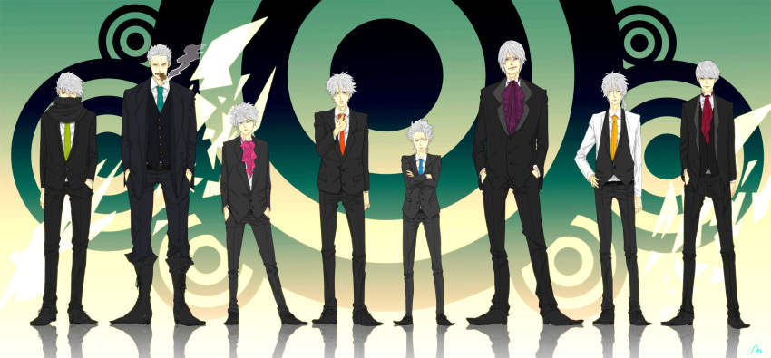 6+boys adjusting_clothes adjusting_necktie az_(wakana) bleach blue_eyes cigar color_connection commentary_request crossed_arms crossover dante_(devil_may_cry) devil_may_cry_(series) formal gintama green_eyes grey_eyes grey_hair hair_color_connection hand_in_pocket hand_on_own_hip hands_in_pockets hatake_kakashi height_difference highres hitsugaya_toushirou hunter_x_hunter killua_zoldyck lineup look-alike looking_at_viewer male_focus multiple_boys multiple_crossover narukami_yuu naruto naruto_(series) necktie niou_masaharu one_piece persona persona_4 sakata_gintoki smoker_(one_piece) smoking suit tennis_no_ouji-sama tongue tongue_out white_hair