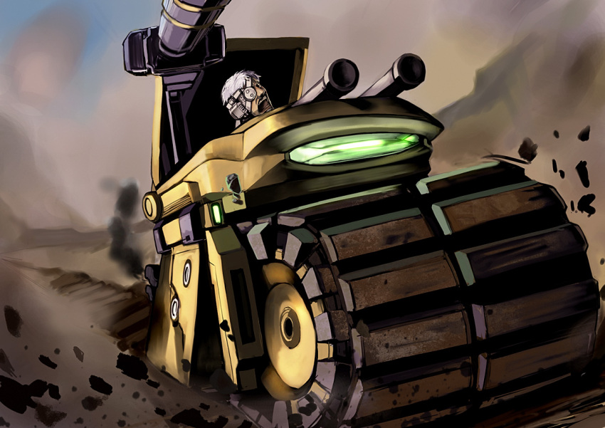 1boy cannon commentary_request desert espgaluda helmet hirosato male_focus military military_vehicle motor_vehicle open_mouth outdoors rock tank turret upper_body wheel white_hair