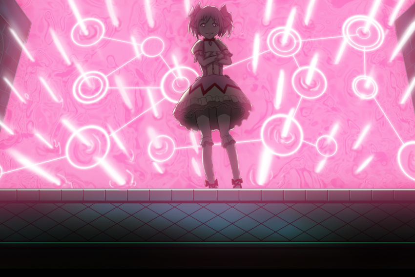 bobby_socks brooch choker commentary_request creator_connection crossed_arms def_(chronowarld) fate/stay_night fate_(series) female gate_of_babylon_(fate) gloves grin jewelry kaname_madoka kaname_madoka_(magical_girl) looking_at_viewer magical_girl mahou_shoujo_madoka_magica mahou_shoujo_madoka_magica_(anime) parody pink_eyes pink_hair short_hair short_twintails skirt smile socks solo standing twintails