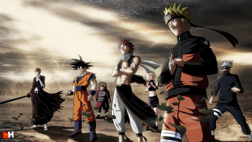 akimichi_chouji black_hair bleach blonde_hair brown_hair crossover dragon_ball facial_mark fairy_tail hatake_kakashi ino_yamanaka kurosaki_ichigo long_hair naruto natsu_dragneel orange_hair pink_hair ponytail short_hair son_goku spiky_hair uzumaki_naruto whiskers white_hair