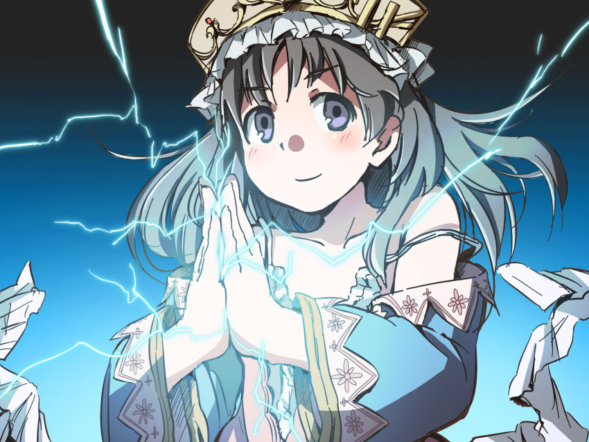 atelier_(series) atelier_totori bad_id bad_pixiv_id blue_sleeves blush electricity female fullmetal_alchemist grey_hair highres long_hair magic own_hands_together parody smile solo strap_slip totooria_helmold yasunao_(yasunao-z)