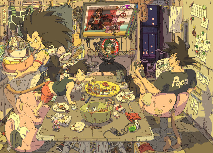 3boys aged_down alcohol alternate_universe apron armor ashtray bardock barefoot beer black_hair bone boned_meat boots bottle bug can captain_ginyu casual chair character_doll cigarette clothes_writing clothesline cockroach commentary_request controller cup dirty dishes dodoria dragon_ball dragon_ball_z eating eggshell father_and_son food fork frieza full_mouth gears hand_fan highres indoors king_vegeta knife liquor loaded_interior long_hair magnet male_focus matches meat messy_room microphone monkey_tail mouth_hold multiple_boys newspaper raditz razor reaching refrigerator_magnet remote_control room rubber_band saiyan_armor scar scouter shirt shorts siblings skull smoking_pipe son_goku spiked_hair spoon sumiru_(dancing_monkey) t-shirt table tail tank_top tarble television towel trash vegeta zarbon