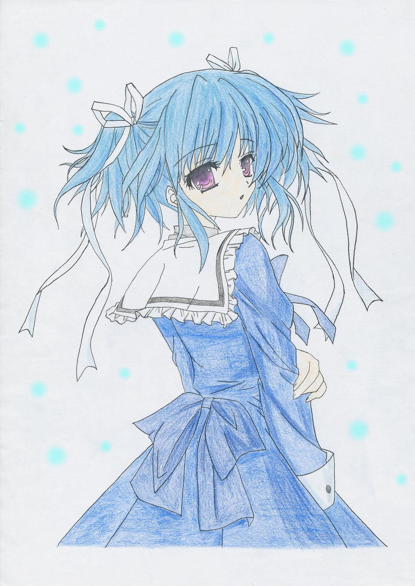 alice-bb-623 blue_hair bow colored_pencil_(medium) commentary_request female from_behind hair_ribbon highres looking_back mashiroiro_symphony nib_pen_(medium) purple_eyes ribbon school_uniform solo traditional_media twintails uryuu_sakuno