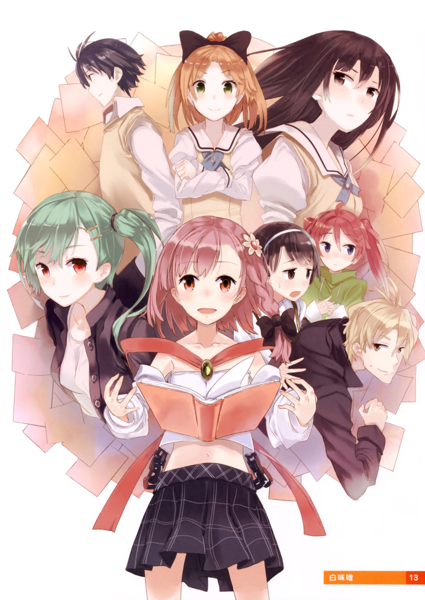 2boys 6+girls :d absurdres ayase_sayuki bare_shoulders black_hair book bow braid brown_eyes brown_hair chains chains character_request crossed_arms detached_sleeves enomoto_kaho fujimura_natsuki green_eyes green_hair hair_ornament hairband hairbow hairclip highres hirosaki_kanade jacket long_hair midriff minagawa_yuuhi multiple_boys multiple_girls navel open_mouth pink_hair plaid plaid_skirt pleated_skirt ponytail red_eyes school_uniform shiromiso short_hair side_braid side_ponytail skirt smile tank_top twintails your_diary yua_(your_diary)