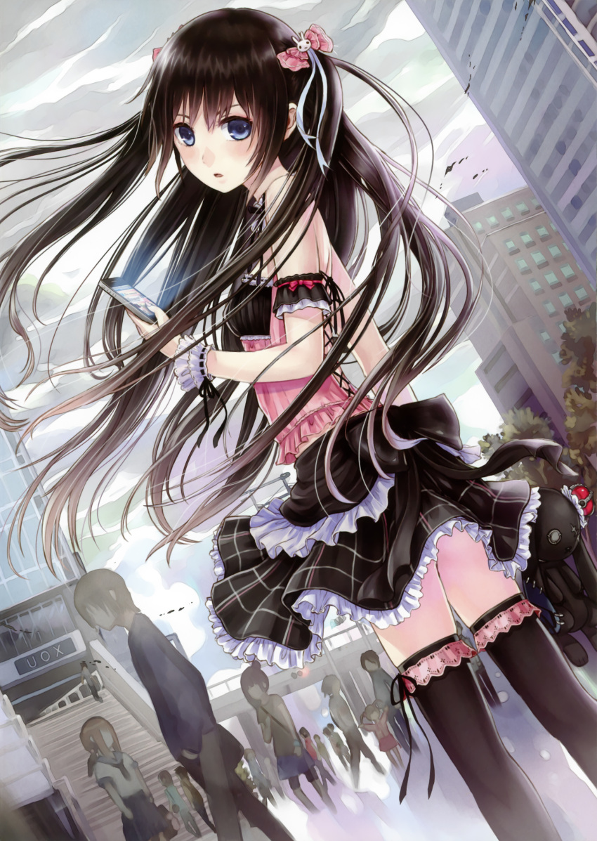 absurdres arm_garter bare_shoulders black_hair black_legwear blue_eyes bow bunny_hair_ornament cellphone city corset denpa_(kazuharu) detached_collar female frilled_skirt frills hair_ornament hairbow highres iphone kazuharu_kina lace long_hair looking_at_viewer looking_back open_mouth original phone plaid plaid_skirt ribbon skirt smartphone solo stuffed_animal stuffed_bunny stuffed_toy thighhighs twintails wrist_cuffs