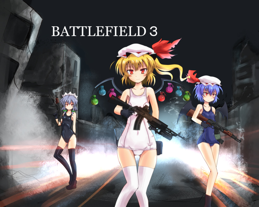 3girls ak-47 aks-74u an-94 assault_rifle bad_id bad_pixiv_id battlefield_(series) battlefield_3 black_thighhighs blonde_hair blue_hair braid explosive flandre_scarlet gp-25 grenade grenade_launcher gun hat izayoi_sakuya kalashnikov_rifle multiple_girls one-piece_swimsuit parody red_eyes remilia_scarlet rifle school_swimsuit short_hair side_ponytail sumapan swimsuit thighhighs touhou twin_braids underbarrel_grenade_launcher weapon white_legwear