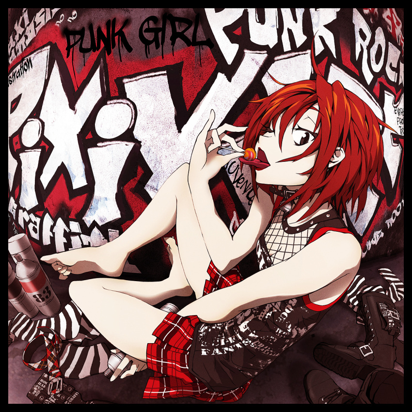 barefoot belt boots brown_eyes candy commentary_request eating english_text female fishnets food graffiti highres licking lollipop md5_mismatch microphone miniskirt one_eye_closed original pixiv_punk_and_rock plaid plaid_skirt pleated_skirt punk red_hair red_skirt short_hair sitting skirt socks solo spray_paint striped tongue tsukuba_masahiro