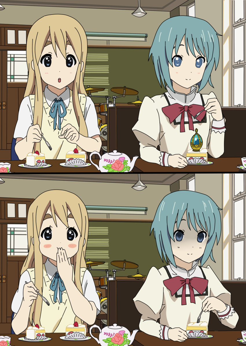 2girls cake cake_slice chalkboard commentary_request crossover cup doily door drum drum_set eating empty_eyes food fork fruit highres holding holding_fork indoors instrument k-on! kotobuki_tsumugi mahou_shoujo_madoka_magica mahou_shoujo_madoka_magica_(anime) miki_sayaka mitakihara_school_uniform multiple_girls open_mouth parody sakuragaoka_high_school_uniform school_uniform sitting smile soul_gem strawberry strawberry_shortcake style_parody table takahiro_(rikky) teacup teapot turn_pale window