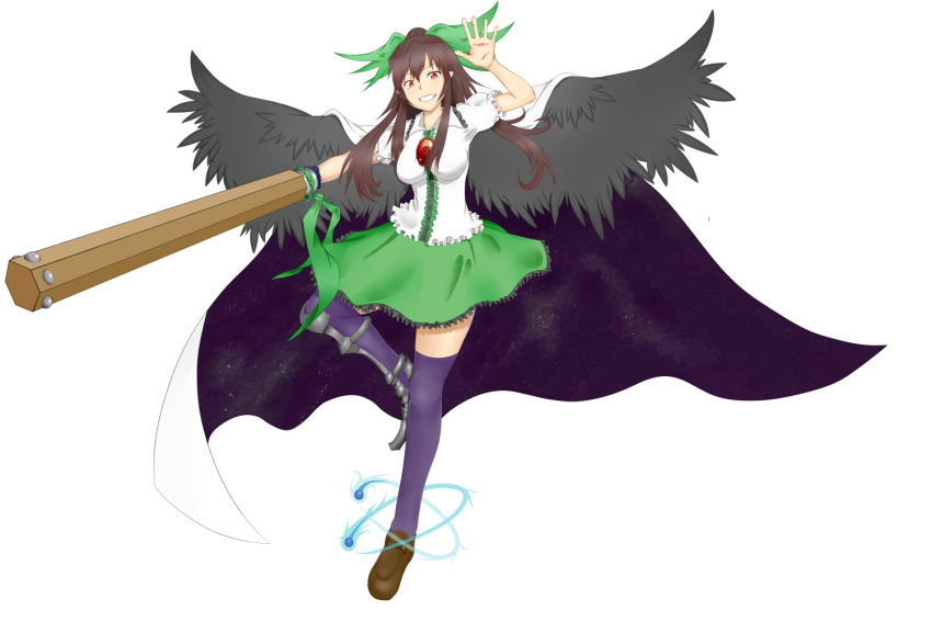 arm_cannon asymmetrical_footwear black_thighhighs black_wings brown_eyes commentary_request female ginko_(nico) green_skirt hair_ribbon mismatched_footwear ponytail red_eyes reiuji_utsuho ribbon skirt solo thighhighs touhou weapon wings