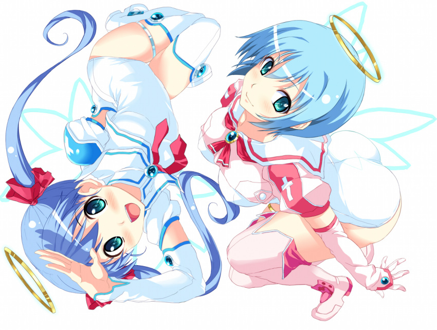 2girls :d angel aqua_eyes ass bad_id bad_pixiv_id bent_over blue_hair blush bob_cut boots breasts covered_nipples crop_top cross detached_sleeves djibril_(makai_tenshi_djibril) djibril_aries elbow_gloves flat_chest gem gloves hair_ribbon halo jinno_hikari large_breasts long_hair looking_at_viewer looking_back lying magical_girl makai_tenshi_djibril manabe_rika marushin_(denwa0214) multiple_girls one-piece_swimsuit open_mouth pink_footwear pink_thighhighs ribbon salute school_swimsuit school_uniform serafuku short_hair simple_background smile swimsuit swimsuit_costume swimsuit_under_clothes thigh_boots thigh_gap thigh_strap thighhighs thighs traditional_halo twintails very_long_hair white_one-piece_swimsuit white_thighhighs wings