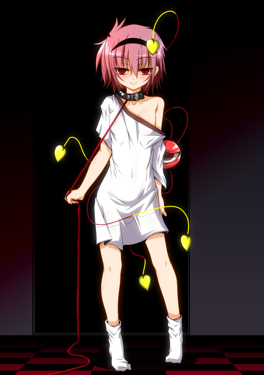 alternate_costume breasts checkered_floor collar commentary_request dress eyeball female fumihiro hairband heart highres komeiji_satori off_shoulder pink_hair red_eyes short_hair small_breasts smile socks solo third_eye touhou