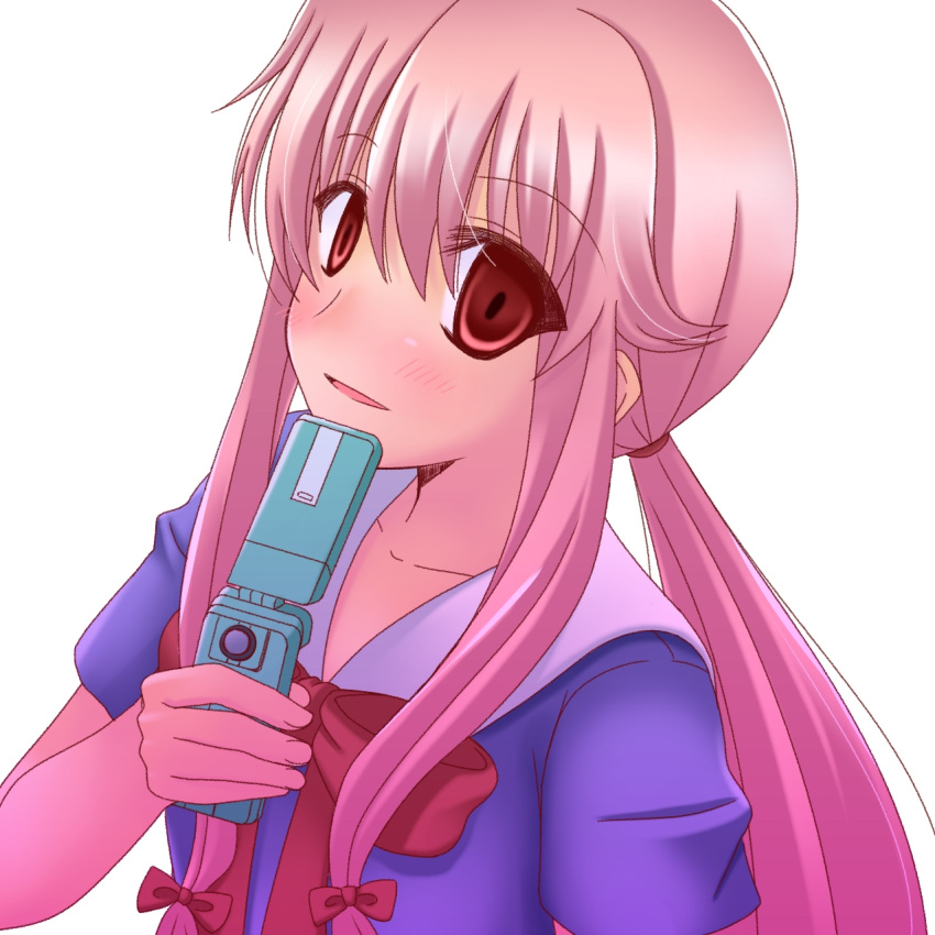 bad_id bad_pixiv_id bow cellphone empty_eyes female gasai_yuno hairbow highres hinata_mirun long_hair mirai_nikki open_mouth phone pink_hair red_eyes school_uniform smile solo twintails yandere