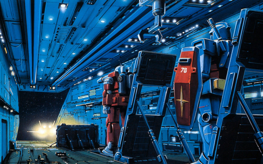 1970s_(style) core_fighter earth_federation engineer guncannon gundam hangar highres launching mecha mobile_suit_gundam no_humans official_art ookawara_kunio production_art retro_artstyle robot rx-78-2 science_fiction shield space spacecraft white_base